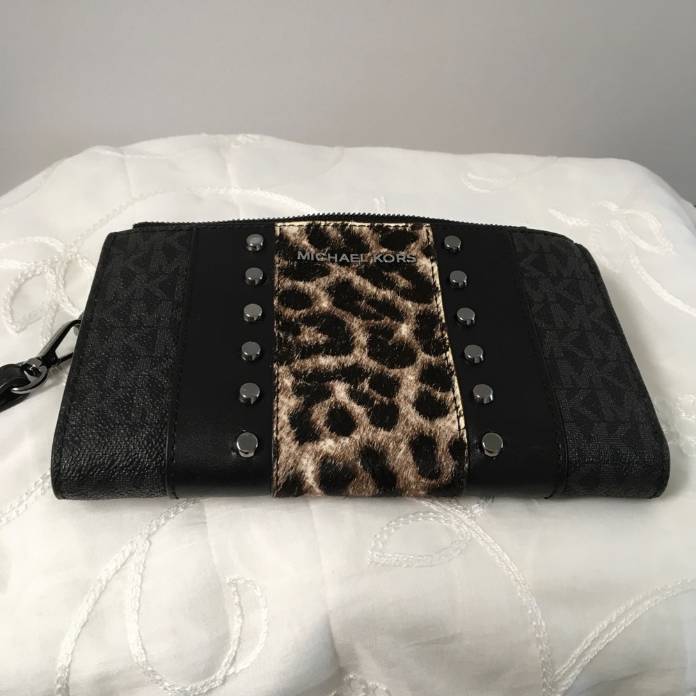 Michael Kors Black & Leopard Print Studded Wristlet